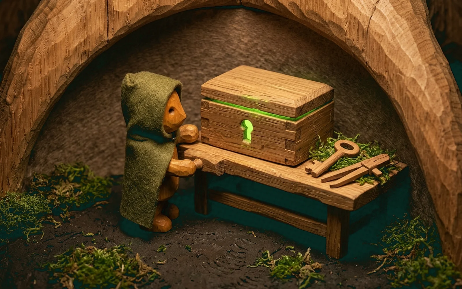 Inside a carved oak root hollow, a hooded olive-felt wooden agent tends a dovetailed oak lockbox on a miniature workbench. Soft lime light glows from the keyhole beside a wooden key.