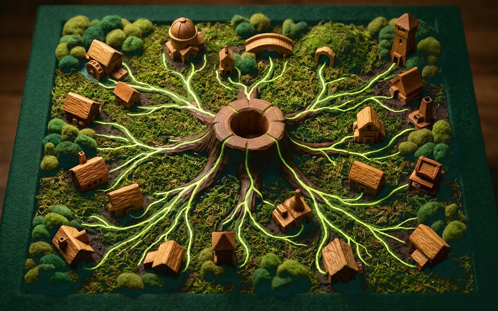 A top-down diorama map of a carved oak root hub. Glowing lime root channels cross green moss to a ring of small carved wooden workshops, mills, vaults and bridges.